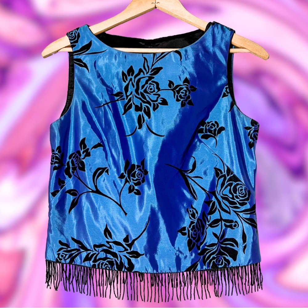 Vintage Crop Blouse with Beaded Tassels ⚡️ Size 4P ⚡️ 1990s  ⚡️ Velvet Floral
